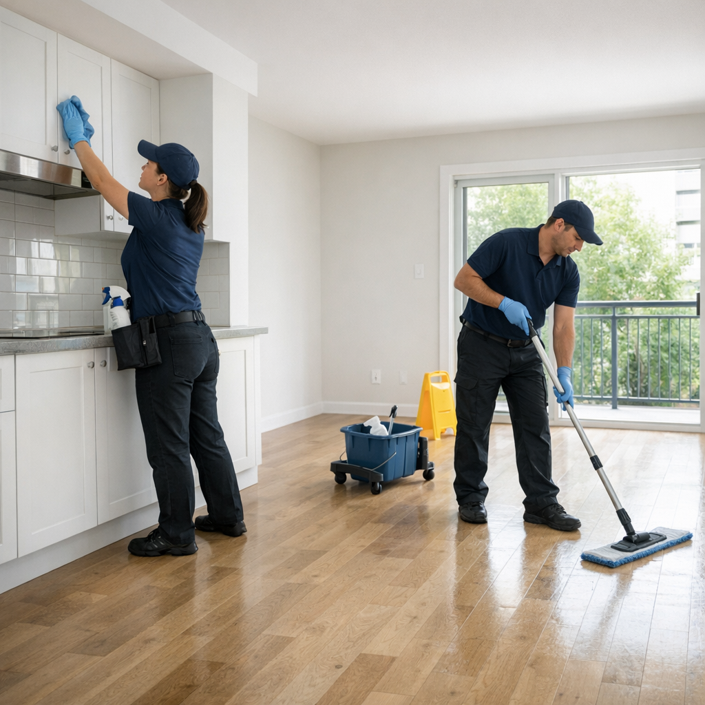 move-out cleaning in empty apartment, mop and vacuum, fresh start